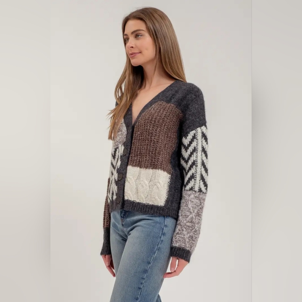 V Neck Patchwork Cable Knit Cardigan - image 3